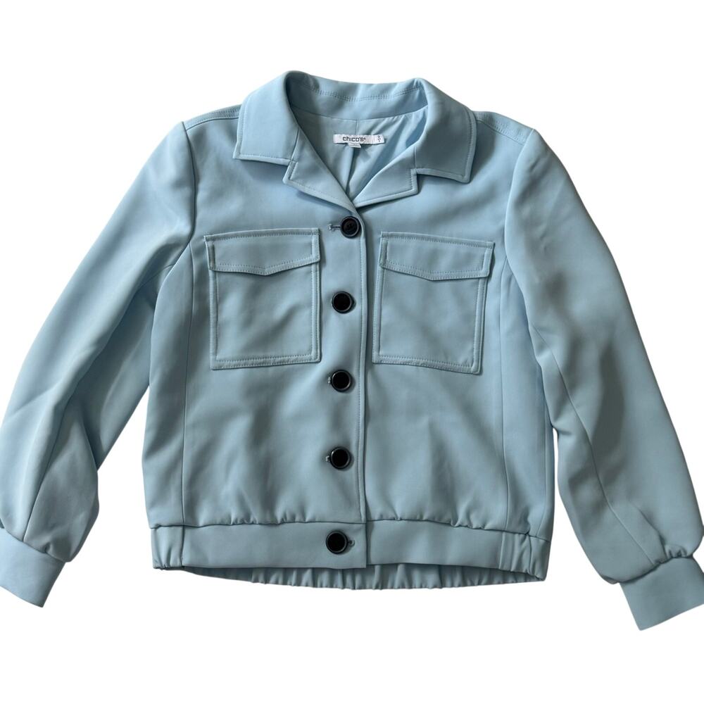 Chico’s Light Blue Utility Bomber Jacket Women’s Stretch Casual Size Small